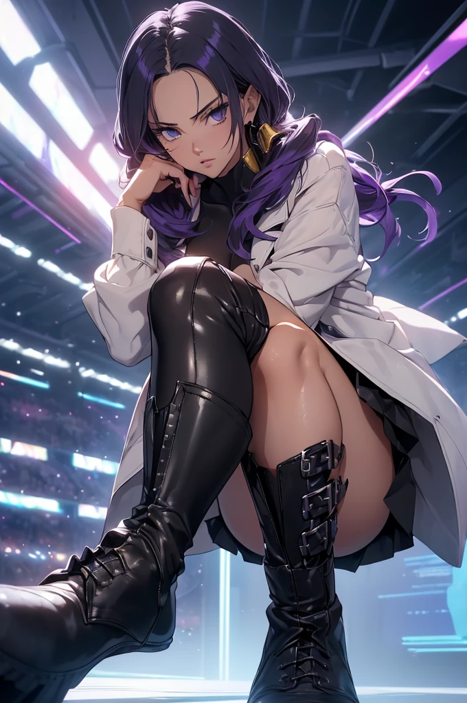 (Highest quality,4K,High resolution,masterpiece:1.2), (Ultra-detailed), (Slender beauty)(Age 27)(thunder:1.3) (Dynamic Art), (looking at the camera) (Dragon Ball Z setting), (The whole body is visible)(Vision:1.8), (Realist,photoRealist,photo-Realist:1.37), (High resolution,High resolution), (Portraiture), (Vibrant colors), (Long legs), (A noticeably elongated face), (Wide range) (Hermosos Fine grain), (Beautifully detailed lips), (Very detailed目と顔), , Bright eyes Dynamic angles and postures, Sweatびっしょり, Sweat, (Long eyelashes), (Sharp focus), (Physically Based Rendering), (8 heads,Beautiful female warrior), (Mature Woman) (Leg spread), (intense), (expression of intense desire), (Motion Blur), (elegant), (Slim figure:1.3), (Inspired by anime), (Bright light), (Cinema Lighting), (Contrasting colors), (Mysterious atmosphere), (Action-packed scenes), (Unique Look), (impressive), (Reveal costumes), (Exciting),(Deep Eyes),(Fleshy pubic area), (Expressive), (Interesting atmosphere), (Dark blue high socks Magic Mix Real、(RAW Photos:1.2)、(Realistic:1.4)、The beauty of beautiful details Laughter、Big Ass、blonde、((I can see your pants))(Panty shot)Earrings eyelash Beautiful and detailed、Large file size、Very detailed、High resolution、Transcendental beauty Highest quality、masterpiece、、(Riders jacket))、Very detailed表現, In detail、Very detailed顔のCinema Lighting、1、positive、((Dynamic pose)))、(Lean back:1.2), (Open Stance))、(From below:1.5), (Under the skirt:1.5), Check Pleated Skirt、Sexy upward glance, (Spread your legs and show me your panties:1.5), (Black see-through panties:1.5), (Low rise:1.5), (Long purple hair:1.5), (Healthy Body:1.5), (High leg tiny panties,,,,,,:1.5), (Looks like see-through panties :1.3), (Pubic hair is visible:1.5), (Browsing Caution:1.5), (Shyness:1.5), (Black long boots:1.5)(Ecstasy:1.5)(orgasm:1.3)