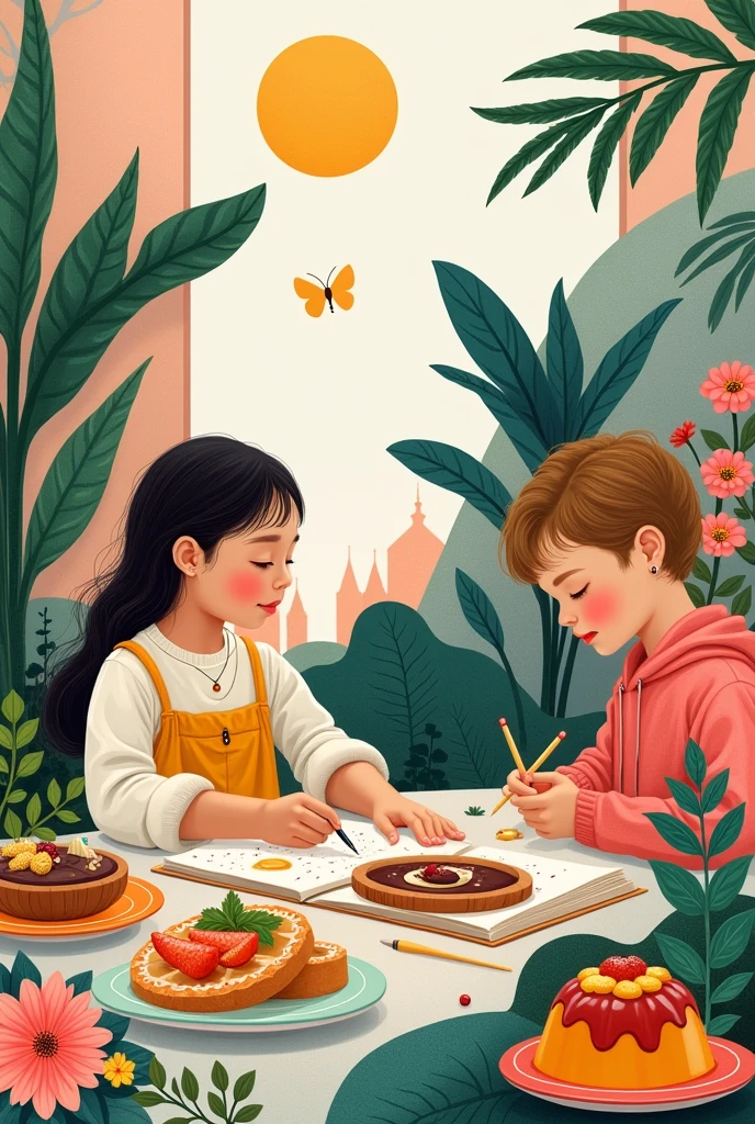 explore the world of collage with various elements such as architecture, plants, animals, and cuisine. The commercial poster style is simple and high-end
