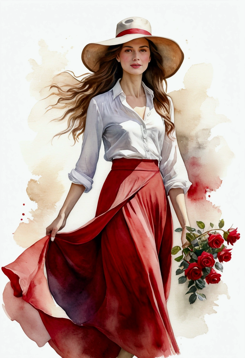 " Create an ultra realistic watercolor mixed image of a beautiful woman walking gracefully in a flowing red skirt that catches the wind, paired with a white sleeveless blouse. Her long, wavy brown hair cascades down her shoulders, and she wears a hat with a wide brim that slightly shades her face. She holds a small bouquet of red roses in one hand, adding a touch of elegance and softness to the scene. The background is minimalist white, with a light touch and watercolor brushstrokes, emphasizing the movement of the skirt. and the woman's natural beauty. A bright, warm color palette, with the red skirt standing out vividly against the neutral tones of the blouse and hat. Perfect summer day. Ultra realistic 8K watercolor image.