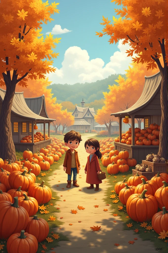 In a village pumpkin field some vendors are standing with pumpkins just like in a fairy tale