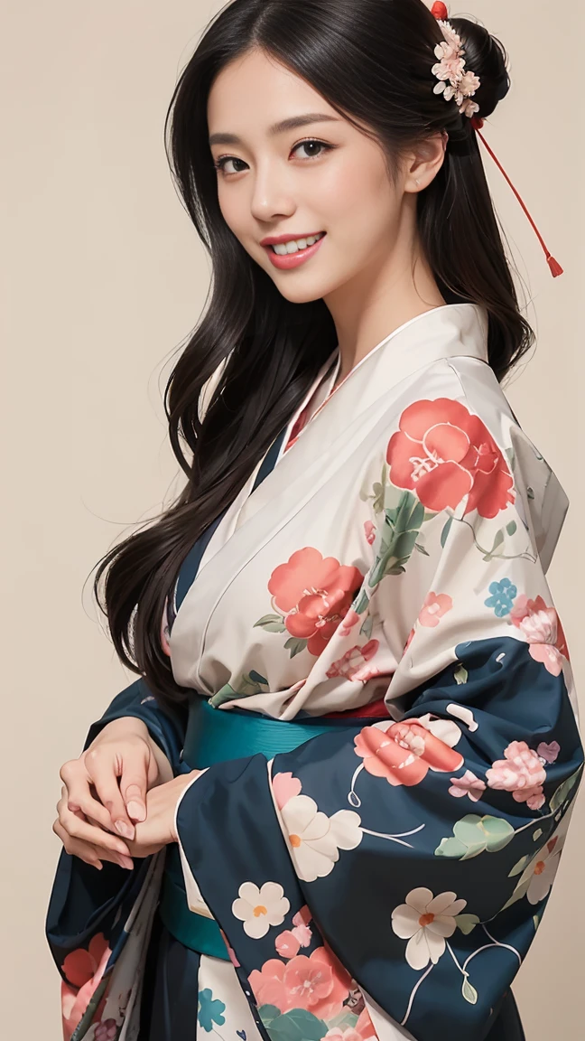 (SeaArt creates stunning illustrations of beautiful women in kimono)、Vividly colored Japanese Ukiyo-e style illustrations、A beautiful woman smiles and shows her upper white teeth、Brown-black long hair、Beautiful full body style、If you want to dance, let's dance, Tokyo Ondo, Yoi Yoi、Beautiful new digital paintings,、Bright vibrant digital anime art、 Beautiful anime portraits、background,Torii gate front of Japanese shrine、 Detailed digital anime art、
