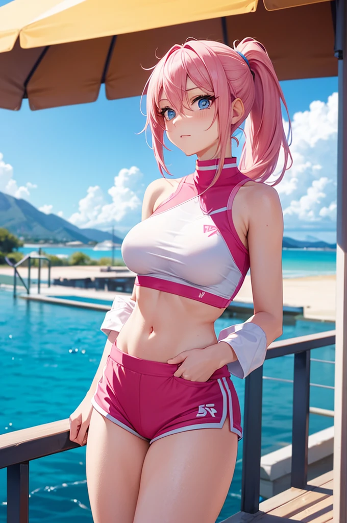 ponytail, pink hair, hot pants, slender legs, coastline, cheerleader, perfect anatomy, blue eyes, beautiful breast, stare into the camera