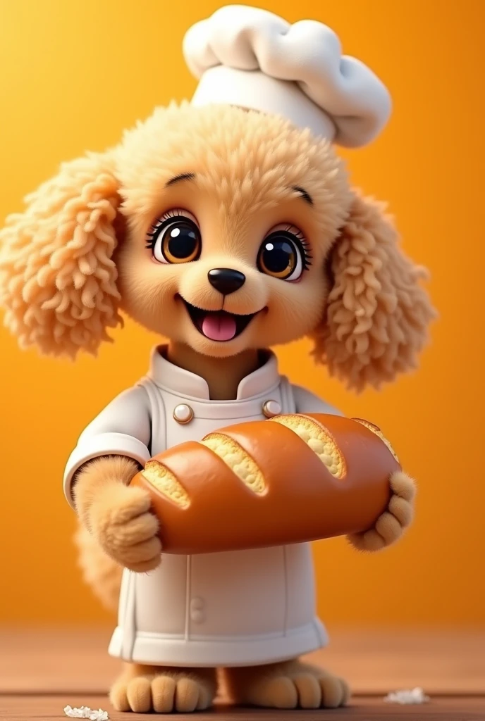 Beige and brown poodle breed puppy, black eyes,in chef's uniform offering a large loaf of bread, all in cartoon style bright orange blurred background