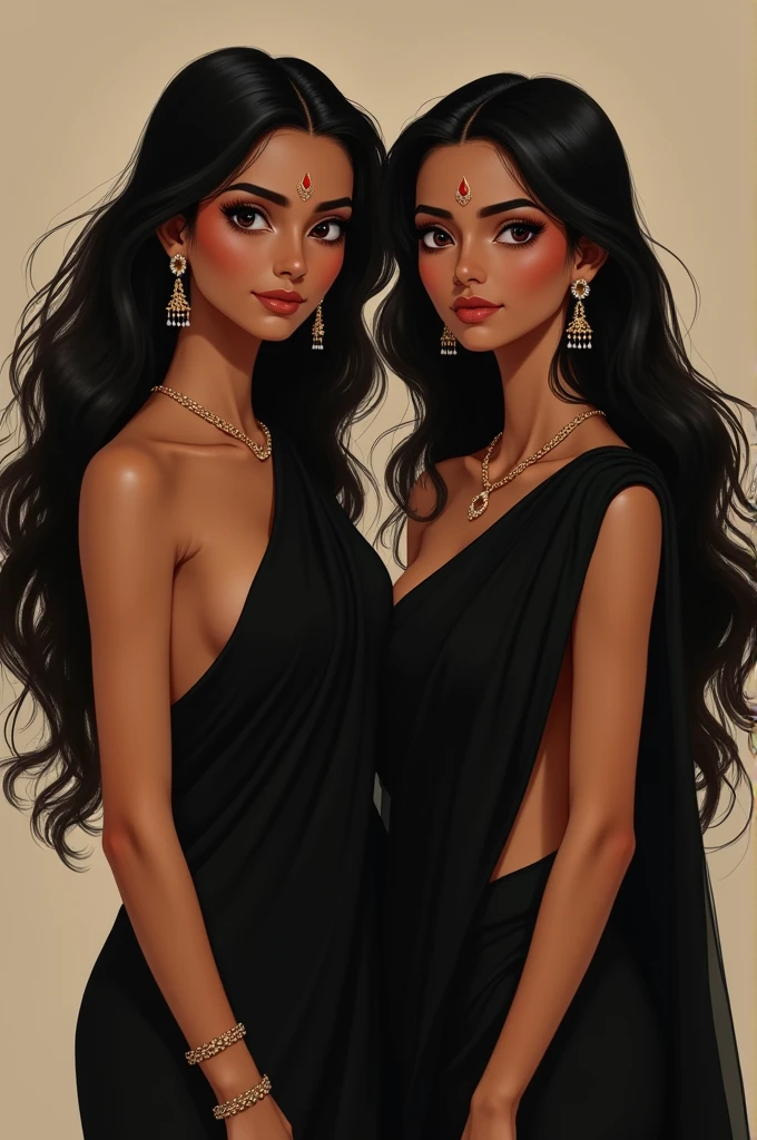 2 Indian woman with long, flowing black hair and beautiful, expressive eyes. She has a slender figure with measurements of 30-32-30. She is wearing a plain black saree that drapes elegantly over her form, with minimal jewelry and a traditional bindi on her forehead. The background is simple and unobtrusive, allowing the focus to remain on her serene expression and graceful posture. The lighting is soft and warm, highlighting her natural beauty and the textures of the saree.",
"size": "1024x1792"