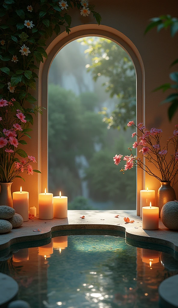 comfortable　キャンドルLight　Peaceful atmosphere　Light　Natural water　flower　 Night atmosphere, Relaxing atmosphere Beautiful atmosphere Softly lit　Spa-like　Inside the room　Fantasy