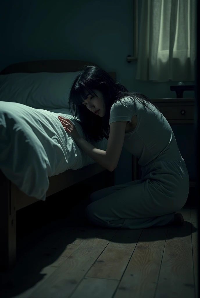 A woman looking under the bed is creepy