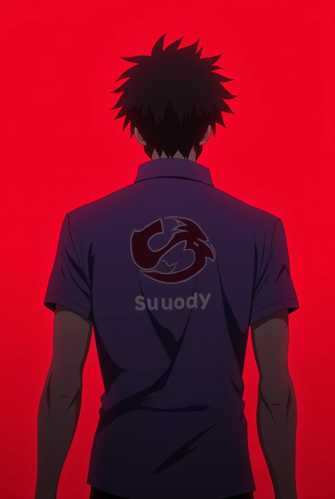 Man showing her back with angry with hidden face with red background and violet colour shirt with the logo of suuuody Anime