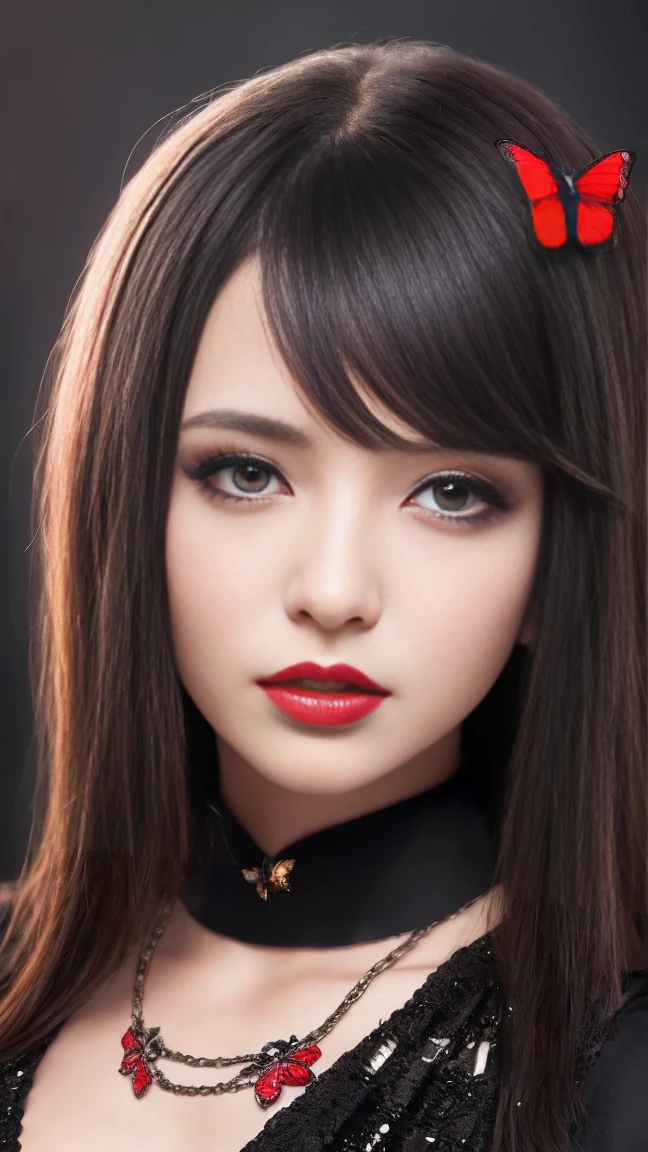 a portrait of a girl with black hair and red eyes, wearing a long black dress with red accents, a red and black crystal necklace, and a red butterfly hair clip, in a dark fantasy illustration style, highly detailed, best quality, 4k, 8k, highres, masterpiece, ultra-detailed, sharp focus, physically-based rendering, vivid colors, professional