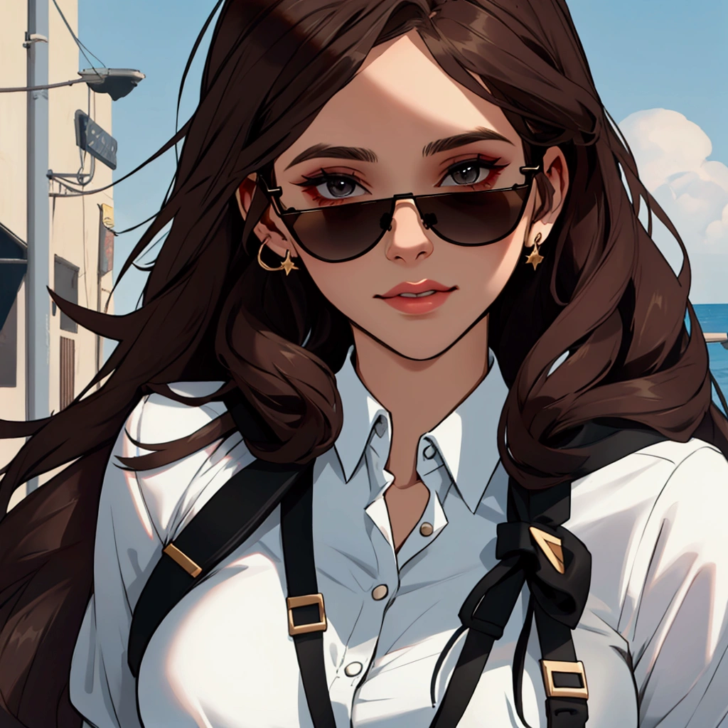 Young woman with dark brown hair wearing black sunglasses