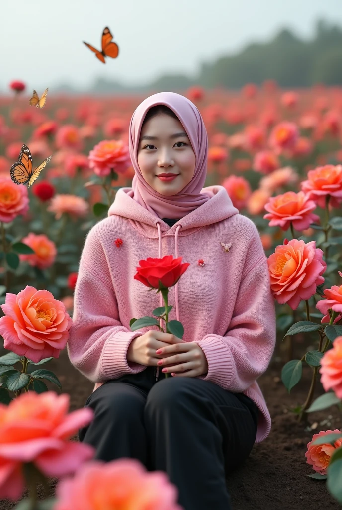Beautiful Korean girl with smooth white skin, well-groomed face, faint smile, fanta pink knit hoodie, decorated with rose motifs, fanta pink hijab, black cargo pants, holding a rose, sitting among large, colorful roses that are blooming. grows beautifully, in large fields. roses, in the background. beautiful butterflies flying left and right, original photo, realistic