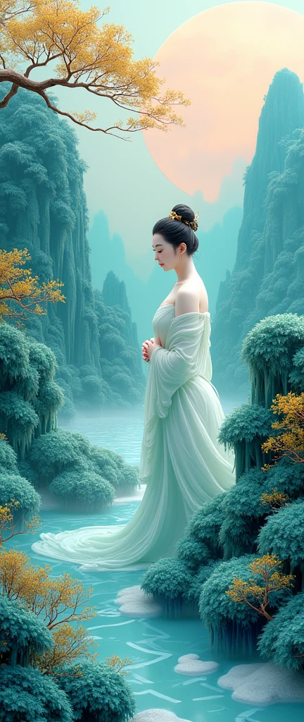Chinese landscape painting, Jade material, Blue, greenand white color, gold line hook, white backgroundbright colors, natural lighting, best quality, Awardwinning work, blender, (8k,Bright colors,Bright,Ultra high saturation,rgb, Colorful),(High contrast:1.5),(whole body:1.8), magazine photography,Popular on social platforms,((Dopamineism)),(((Dopamine color matching))),Dopamine,(in the style of Y2K),Luo Erchun,Three-dimensional ancient style,Oriental poetry and painting