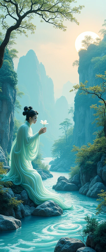 Chinese landscape painting, Jade material, Blue, greenand white color, gold line hook, white backgroundbright colors, natural lighting, best quality, Awardwinning work, blender, (8k,Bright colors,Bright,Ultra high saturation,rgb, Colorful),(High contrast:1.5),(whole body:1.8), magazine photography,Popular on social platforms,((Dopamineism)),(((Dopamine color matching))),Dopamine,(in the style of Y2K),Luo Erchun,Three-dimensional ancient style,Oriental poetry and painting