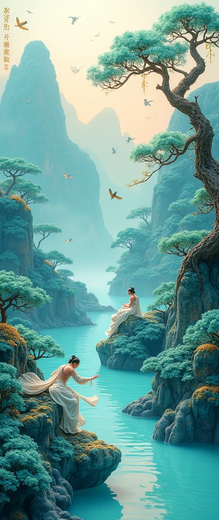 Chinese landscape painting, Jade material, Blue, greenand white color, gold line hook, white backgroundbright colors, natural lighting, best quality, Awardwinning work, blender, (8k,Bright colors,Bright,Ultra high saturation,rgb, Colorful),(High contrast:1.5),(whole body:1.8), magazine photography,Popular on social platforms,((Dopamineism)),(((Dopamine color matching))),Dopamine,(in the style of Y2K),Luo Erchun,Three-dimensional ancient style,Oriental poetry and painting