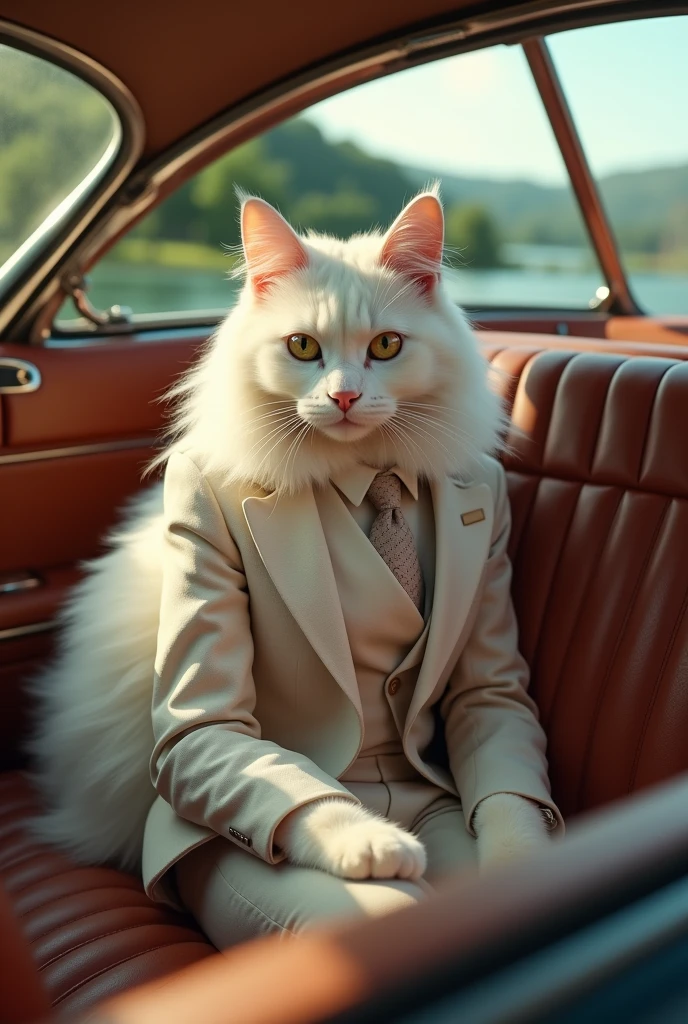 the white cat is wearing a beautiful suit and sitting inside a beautiful car going to beautiful place.