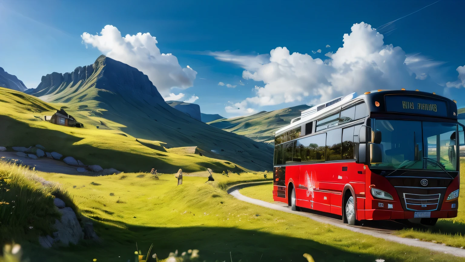 tmasterpiece,A high resolution,ultra - detailed,Trip,Tour bus,grass fielr,mont,