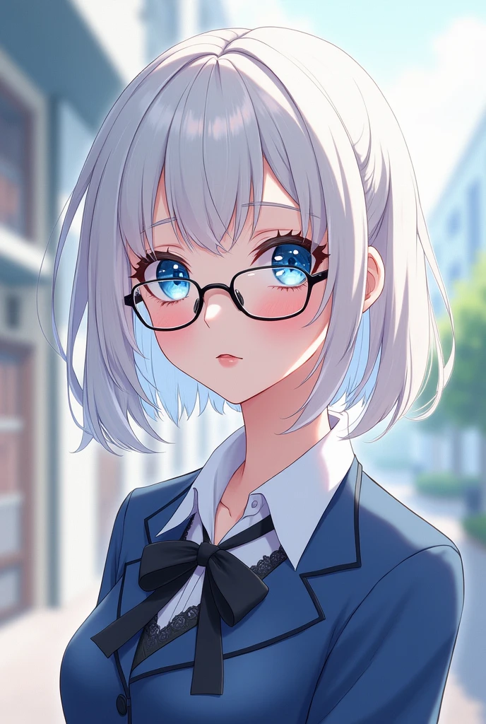 Anime girl with white hair and blue eyes and wear glasses and school uniform