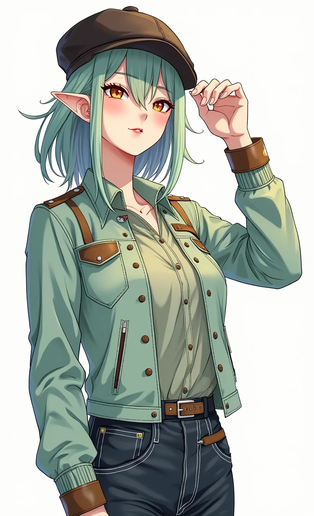 masterpiece, best quality, high resolution, unity 8k wallpaper, illustration, beautiful detailed eyes, extremely detailed face, perfect lighting, extremely detailed CG, perfect hands, perfect anatomy, fantasy setting, outdoors, solo, green hair, medium hair, pants, orange eyes, woman, small breasts, hair between eyes, soft beret, untucked collared shirt, brown leather jacket, halberd