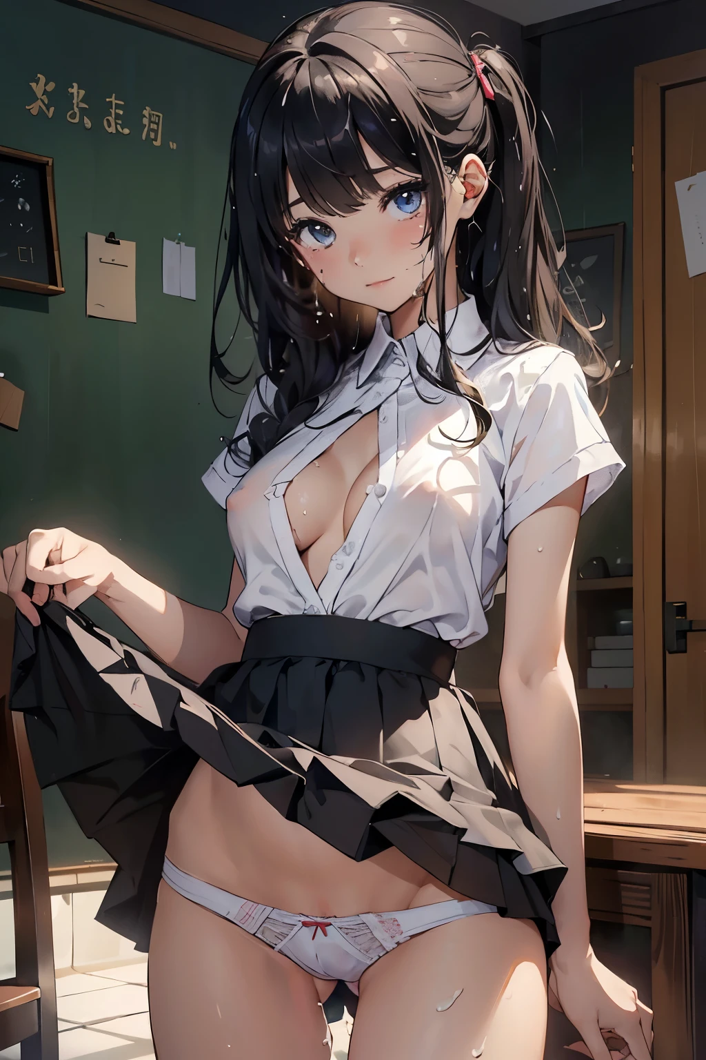 ((Highest quality)), ((masterpiece)), return (Panty shot:1.5)/、Wearing panties、Are standing Leg spread lift Skirt tuck up、 (Semen in the vagina overflows from the panties:1.5)、 、、、Sobbing Tears、(String:1.0)、 Knee-high white、Looks 1、(Cum in the vagina:1.3)、Laughs and Tears、Cum in mouth、There are many students around、Showing nipples、