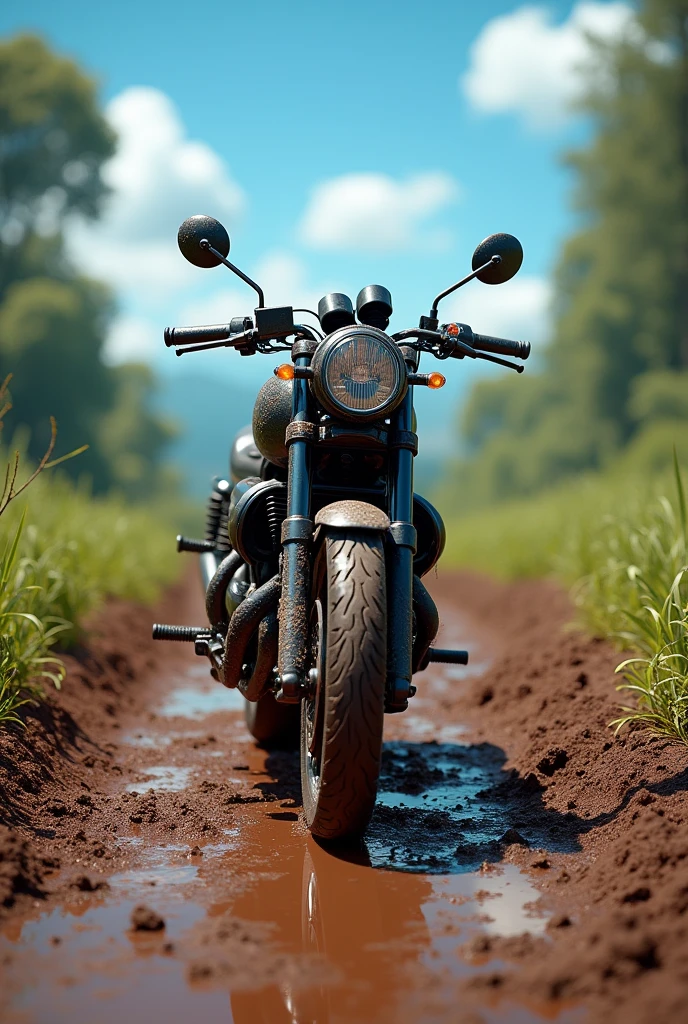 A Duke bike in mud road with black colour in blue sky