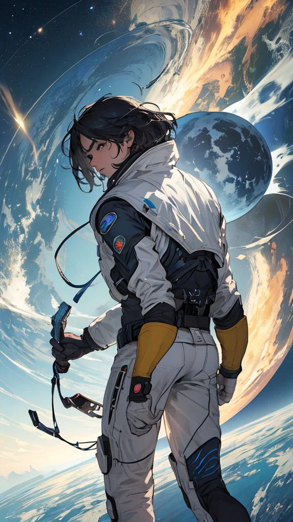 quality\(8k,wallpaper of extremely detailed CG unit, ​masterpiece,hight resolution,top-quality,top-quality real texture skin,hyper realisitic,increase the resolution,RAW photos,best qualtiy,highly detailed,the wallpaper,cinematic lighting,ray trace,golden ratio\), BREAK ,solo,1astronaut wearing space suit floating aimlessly in the galaxy\(dark,beautiful,beautiful stars\) and behind him a beautiful dazzling sun surely rising from behind the large beautiful (blue earth:1.6),(long shot:1.5)