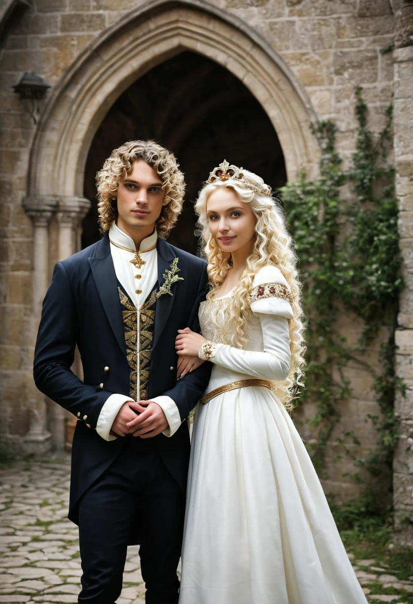 Have a medieval wedding of a couple a curly blonde princess with a straight dark haired prince