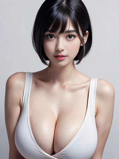 ultra high resolution, the best, 8K quality, realistic, Beautiful woman, very , (big breasts, huge breasts:1.4) Looking directly at the camera, big breasts, sexy look, create a cleavage between the arms, close the chest, beautiful clavicle, beautiful navel, coquettish smile, luster, Big eyes, student highlights, Clear double eyelids, eyelash, long neck, beautiful short hair、glossy black hair, bangs, Attractive bangs, Beautiful bangs, Pure white and empty background, stick out your ears, hairstyle ponytail，body suit, skin oil, luster on lips，raise one&#39;s legs high，Spread your legs boldly，Panties bite into，show off panties，sexual expression，sit on a chair，nipples stand up