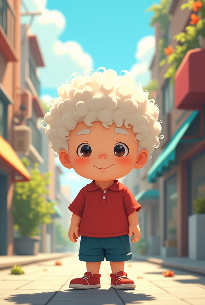 A chubby boy,White curly hair,strong,optimism,Sunlight,Depth of Field,city environment,Lack of metal,Surreal minimalist shadows,Flat illustration, Luo Erchun,
