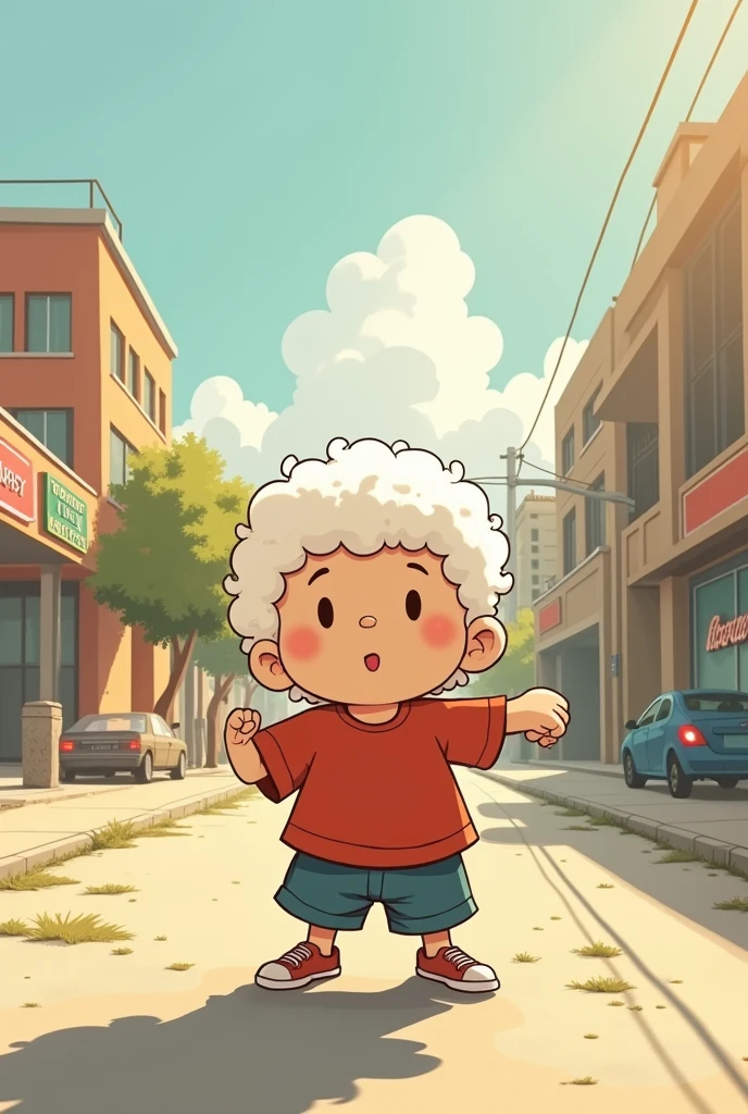 A chubby boy,White curly hair,strong,optimism,Sunlight,Depth of Field,city environment,Lack of metal,Surreal minimalist shadows,Flat illustration, Luo Erchun,