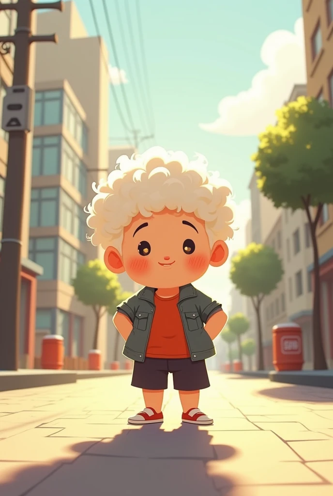 A chubby boy,White curly hair,strong,optimism,Sunlight,Depth of Field,city environment,Lack of metal,Surreal minimalist shadows,Flat illustration, Luo Erchun,