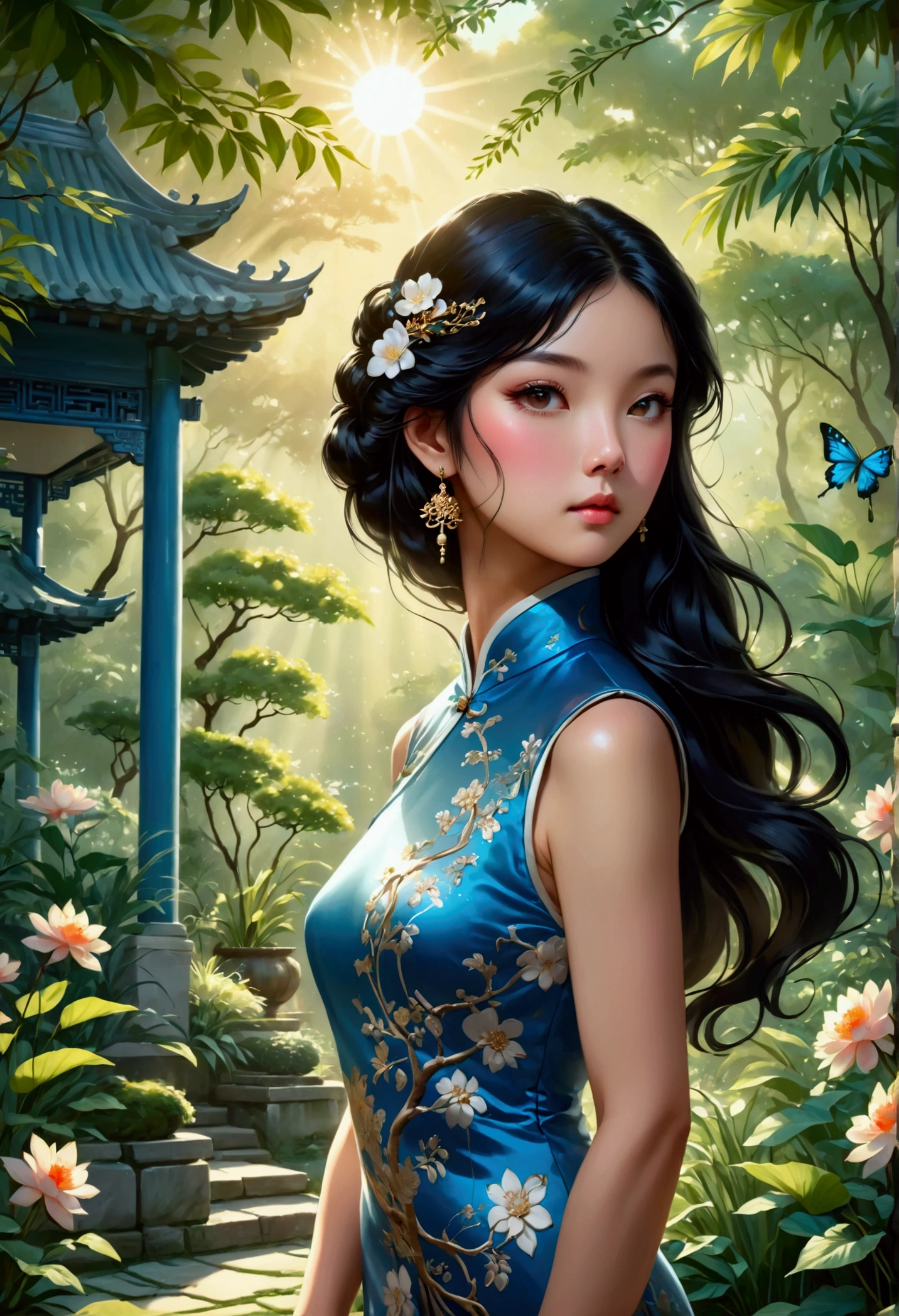 1 girl, cheongsam, cheongsam, A woman wearing a beautiful blue cheongsam, long black hair, chic, graceful pose, detailed facial features, shining skin, ornate jewelry, Outdoor garden environment, sunlight filtered through the trees, lush vegetation, intricate floral patterns, cinematic lighting, highy detailed, 8k, work of art, best qualityer, very aesthetic, absurderes