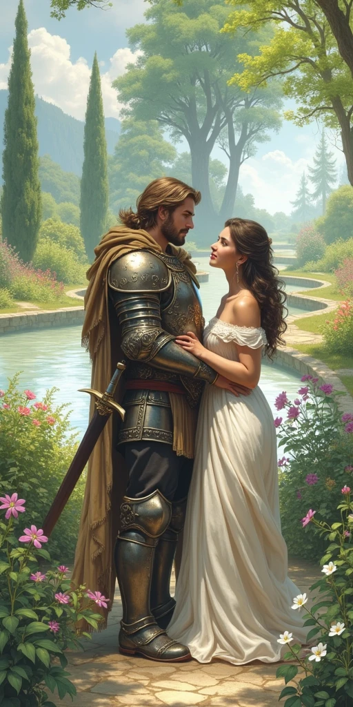 a worrior in the most beautiful garden  with girl 