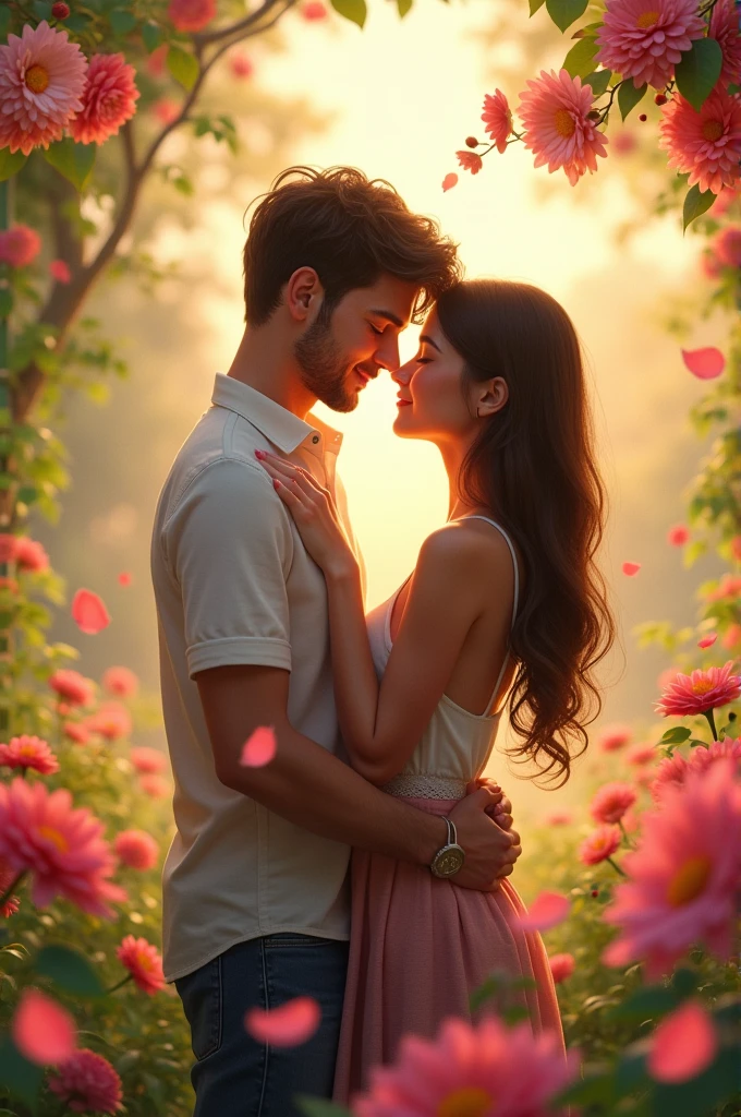 An romantic scean between a couple in place where all side all flowers