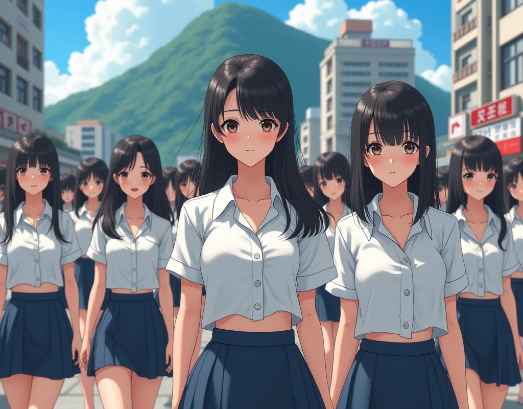 (((((Japanese Clone-girls=Myself))))), (((Super Best masterpiece Clone-girls Raw Photography Art))), (((16K, Highest quality, Ultra-high resolution, RAW Photos))), (((It's so unrealistic., With unparalleled depiction, With an unfathomable sight, An unprecedented and shocking worldview, Clone-girls: In a world of mass reproduction, Ultra-realistic))), (((Japanese Girls, Saito-Asuka, 26yo, Small face, Thick black hair, Semi-long hair, Dark Eyes, Mature face, Cute Smile, Smiling face, A gentle gaze, (((Very happy laughter)))))), (((Very beautiful detailed girls, Accurate body structure, Accurate body movements, Very detailed body, (((Super big breasts, Large bulge of ample breasts)))))), (((Summer office casual wear, White short-sleeved shirt, I can see the cleavage, Emphasise the fullness of your breasts, Dark blue mini skirt))), ((((((((Very detailed, Myself cloning, Depiction of splitting oneself, 1Myself girl→1,000,000,000,000,000,000,000,000,000,000Myself cloning girls)))))))), (((((((Myself clone-girlsから, Myself keeps multiplying, (Very detailed and intricate, To the exact, Flawless, (((In the same female body,With the same face, With the same hairstyle, In the same clothes, At the same height, 同じSuper big breastsである))), In a detailed depiction), 1,000,000,000,000,000,000,000,000,000,000 people))))))), (((((Myself girls only))))), (((((1,000,000,000,000,000,000,000,000,000,000Myself girls))))), (((Very detailed, Extremely crowded, Body-to-body contact with no gaps))), (Bright and soft lighting), (((((Clear and accurate perspective depiction, super wide view, Ultra-wide field of view, Focus on the average value of the image))))), (((((Very detailed depiction, Multiple or more Myselves, Physical contact, Pleasant conversation, Holding hands, Hug, walk))))), In a place where you can see the big hill in the city, Myself clone-girls' clone proliferation continues々And so it continues, filling the horizon