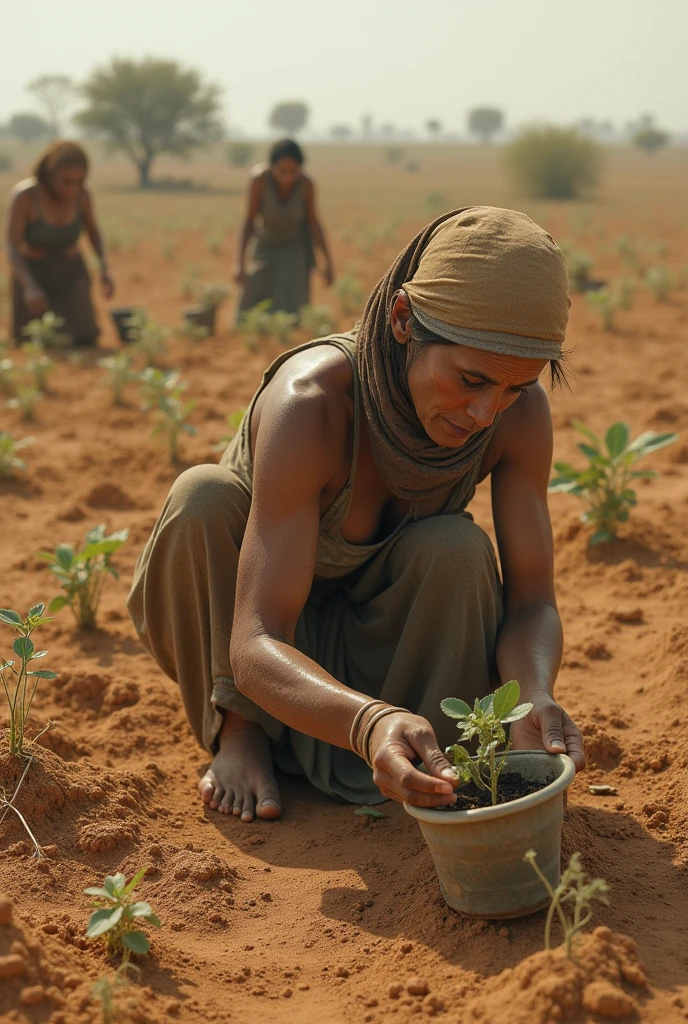 No rain for a long time so women growing plants 