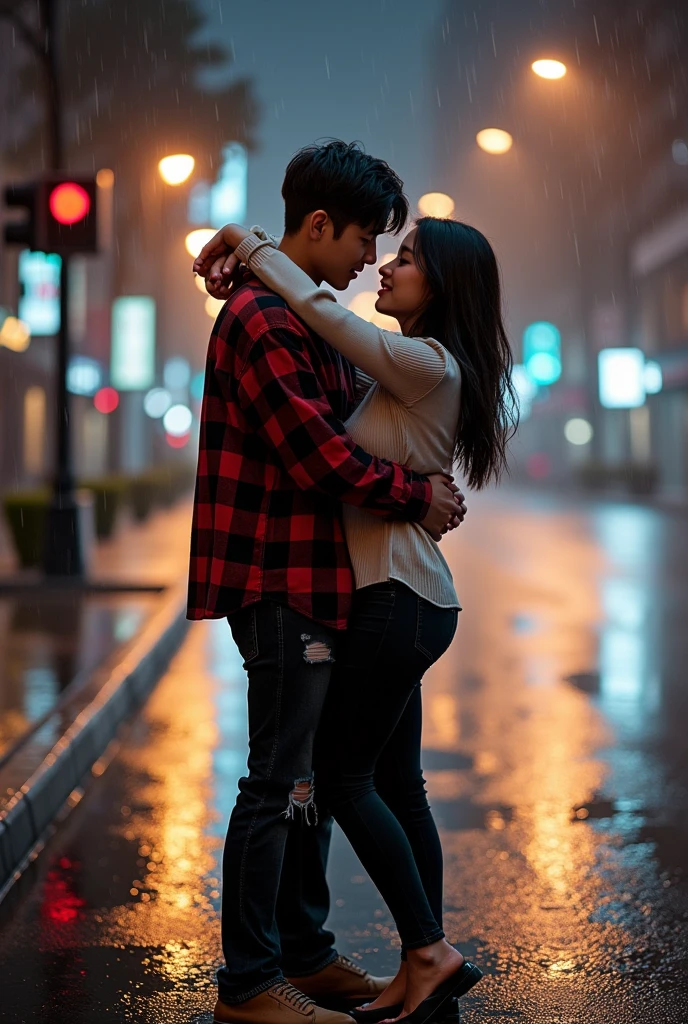 A striking and highly detailed image of a young Korean couple. The man carries the woman with both hands and the woman hugs the man romantically on the side of a busy night street. ( romantic lift hug ) full body photo. They see the viewer. The men wear flannel shirts, ripped black jeans with casual shoes, while the women wear stylish tunics and fitted black pants with no shoes. The city lights and traffic lights illuminated the surroundings, emitting a warm and inviting glow. Dramatic scene. Dramatic light. Rainy conditions. The couple's expressions convey deep connection and passion, as they share intimate moments in a dynamic urban setting.