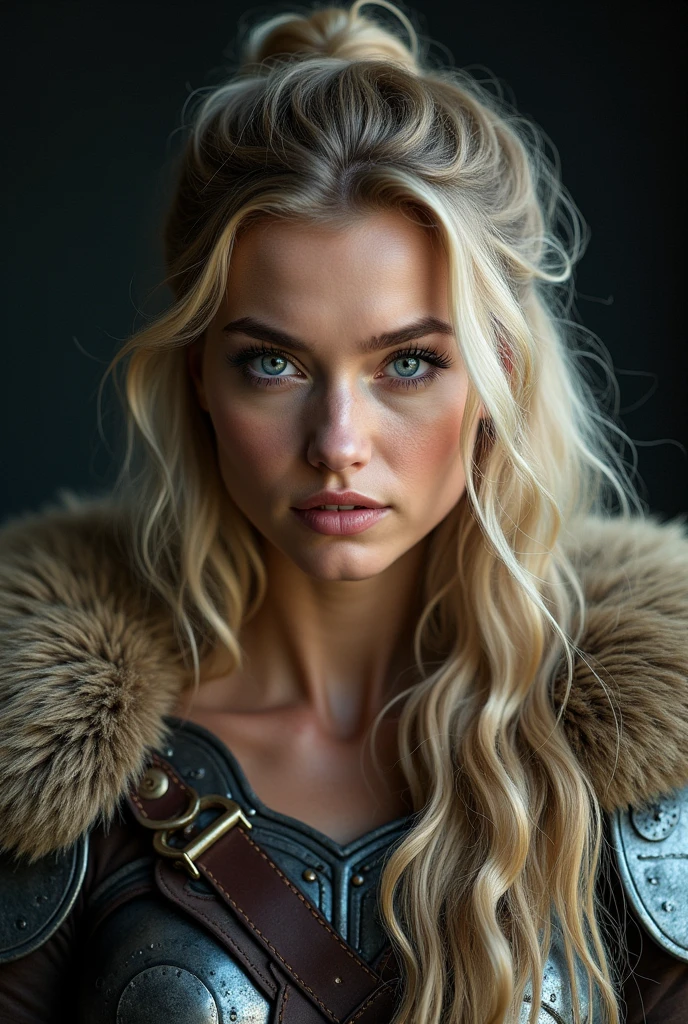 beautfull woman, viking warrior, fur cloak, armour, hair blonde, Wavy hair, (up close, portrait shot), (solo), realisitic, Depth of field,high contrast between light and shadow,professional Photo,32K