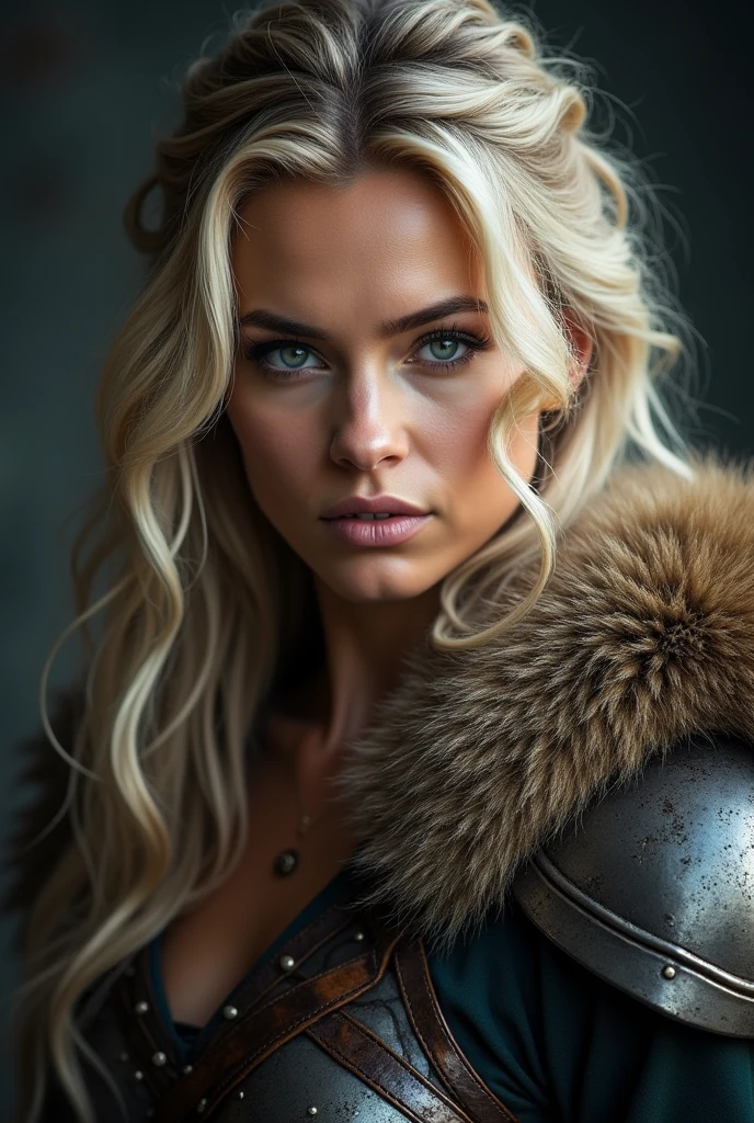 beautfull woman, viking warrior, fur cloak, armour, hair blonde, Wavy hair, (up close, portrait shot), (solo), realisitic, Depth of field,high contrast between light and shadow,professional Photo,32K