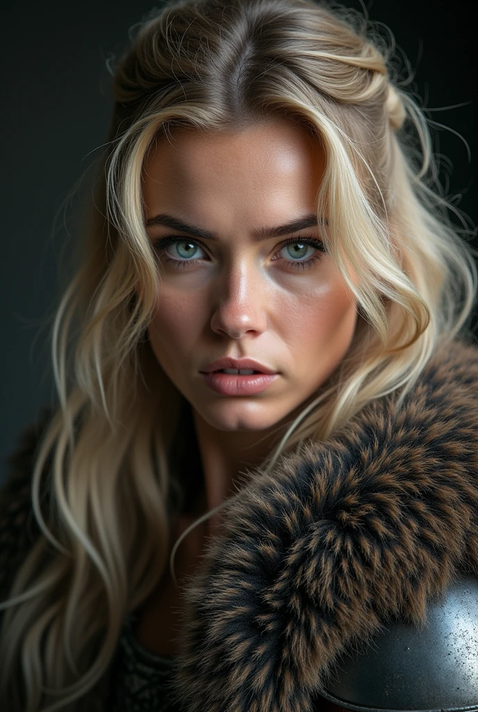 beautfull woman, viking warrior, fur cloak, armour, hair blonde, Wavy hair, (up close, portrait shot), (solo), realisitic, Depth of field,high contrast between light and shadow,professional Photo,32K