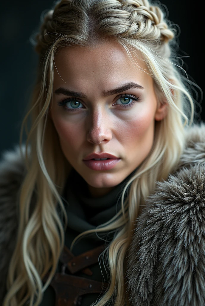 beautfull woman, viking warrior, fur cloak, armour, hair blonde, Wavy hair, (up close, portrait shot), (solo), realisitic, Depth of field,high contrast between light and shadow,professional Photo,32K