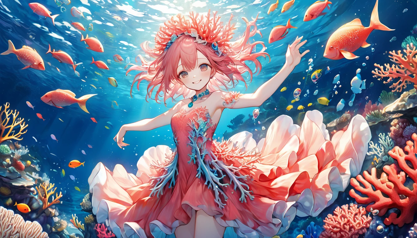**339. One person。Coral Personification。The embodiment of coral, the jewel of the sea。Cowboy shot or close-up。  
masterpiece, best quality, ultra detailed (Detailed fingers), (Emotional), (Breathtakingly beautiful),  
(main part: 1.2 Whole body。), (Anime Style), (Very detailed), (Coral anthropomorphism),  
(超High resolution, High resolution), (8k), (High resolution: 1.2), (Complex and beautiful: 1.2)**
- background: Beautiful seabed、Colorful coral landscape。
- Personification: Young woman, around 1、Wearing a dress that reflects the texture of coral。
-pose: Gracefully swimming among the corals。
-expression: A smile full of vitality、Feel the abundance of the sea。
- Effects: Coral spreads from the dress、Ambient light effect。
-color: Coral pink and aqua blue、Symbolizing the color of the ocean and the beauty of coral。

