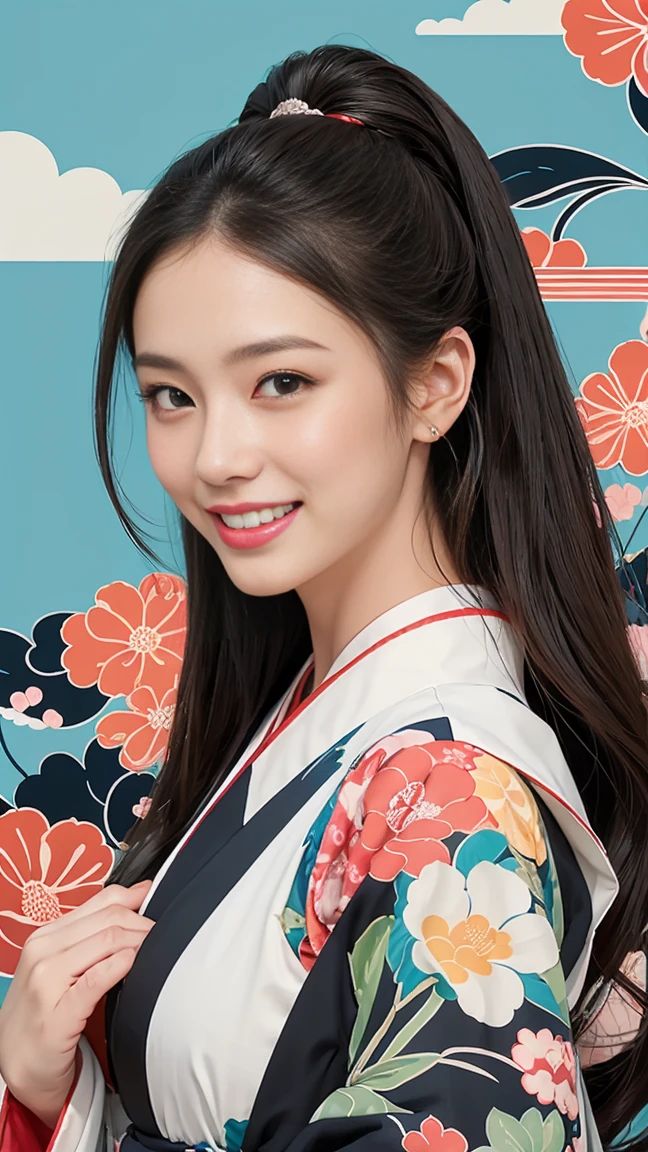 (SeaArt creates stunning illustrations of beautiful women in kimono)、Vividly colored Japanese Ukiyo-e style illustrations、A beautiful woman smiles and shows her upper white teeth、Brown-black long hair、Beautiful full body style、If you want to dance, let's dance, Tokyo Ondo, Yoi Yoi、Beautiful new digital paintings,、Bright vibrant digital anime art、 Beautiful anime portraits、background,Torii gate front of Japanese shrine、 Detailed digital anime art、