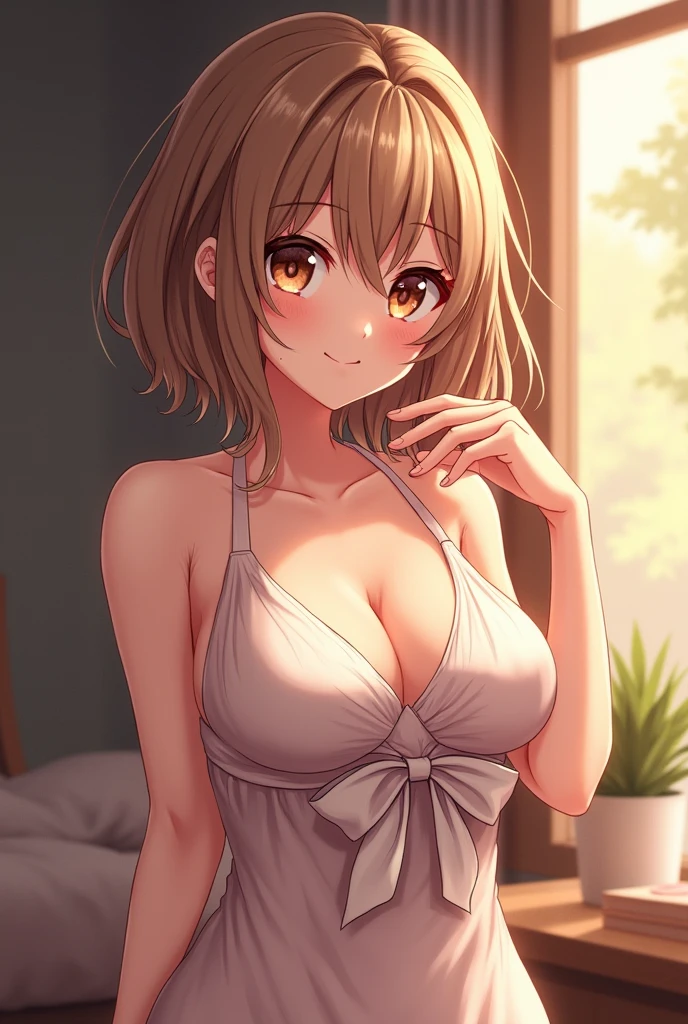 she has shoulder-length, wavy hair, a soft shade of light brown, harmonises with her warm, chocolate-coloured almond-shaped eyes, exuding a gentle and inviting presence. Aiko figure is distinguished by a fuller, traditionally feminine form, particularly evident in her pronounced curves. Her large breasts and full hips contribute to a voluptuous physique
Anime