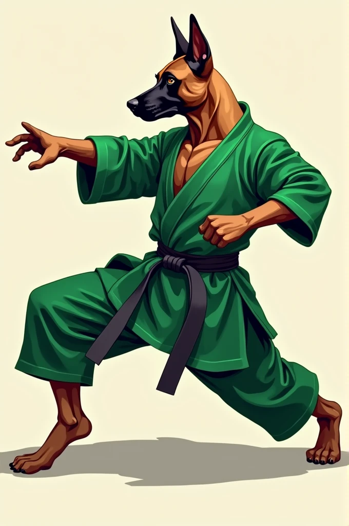 A belgian malinois in a green martial arts robe. Doing a kick boxing pose.