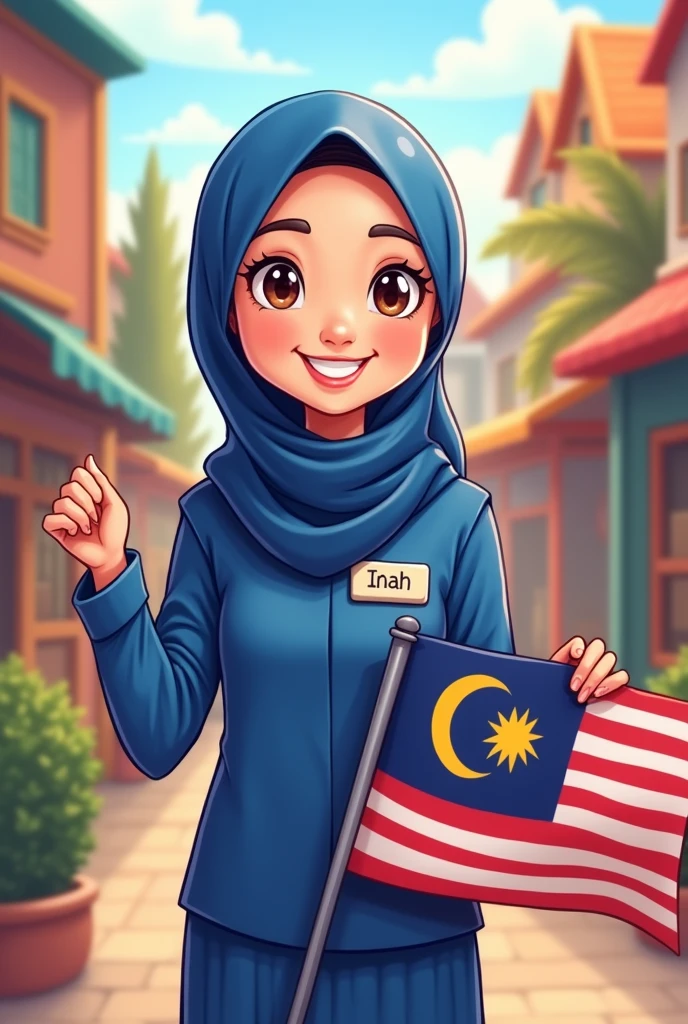 A  cartoon hijab mother wearing a blue  baju kurung with nametag Inah holding Malaysia flag