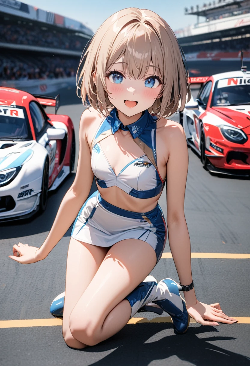 1 girl, 18yo, flat chest, blue eyes, light brown hair, bob cut, smile, open mouth, race queen, grid girl, sleeveless, mini skirt, high-heeled boots underfoot, circuit pits and racing cars line up in the background, (various pose:1.5), 8k, RAW photo, best quality, masterpiece, extremely detailed 8k wallpaper, ultra-detailed, best shadow, detailed background, beautiful detailed face, beautiful detailed eyes, nice hands, perfect hands