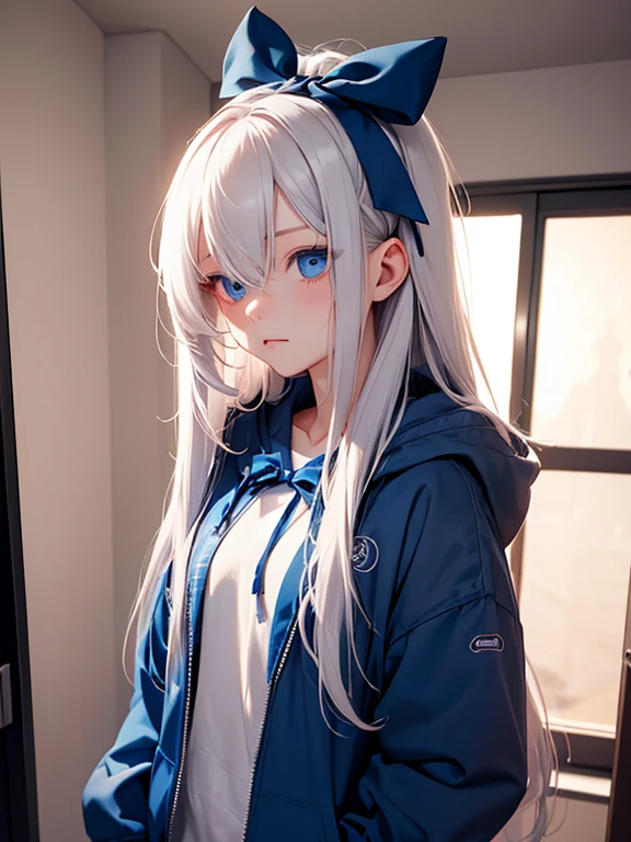 night、Sleeping in the room、1 girl,albino, cute, gray hair、beautiful, long hair, Blue eyes, Wearing a hoodie jacket, hair with ribbon,night light ((8k, Hmm, surreal))、Shorten your hair