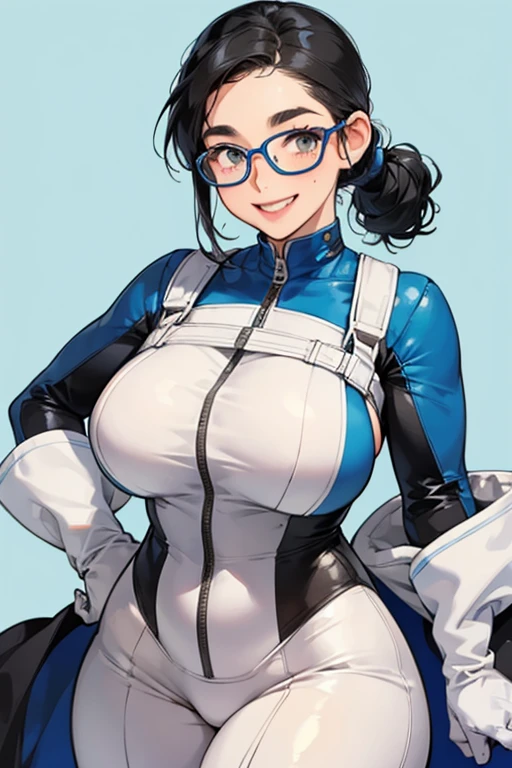 A chubby, freckled girl with glasses and black hair tied up, wearing white gloves and a blue enamel catsuit and smiling gently　　Thick eyebrows