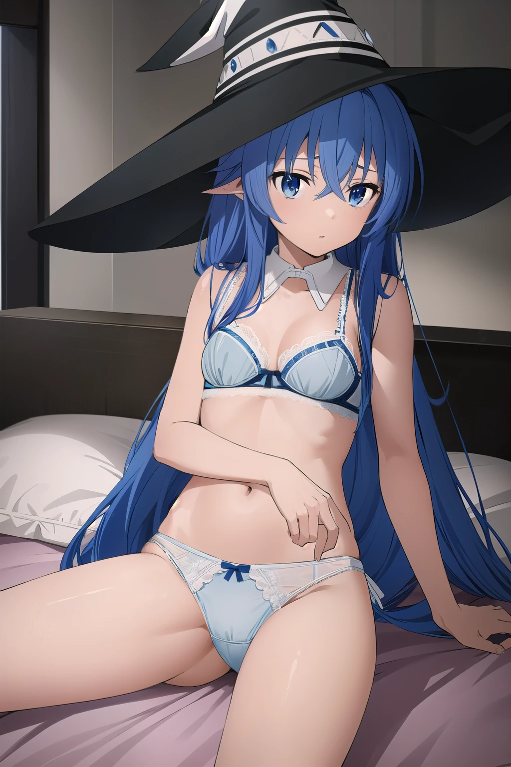 (masterpiece), (Highest quality), One girl, (Roxy Migurdia), Blue Hair, Long Hair, Hair between the eyes, Ahoge, Twin Blade, blue eyes, witch hat, Small breasts, looking at viewer, (white Lace bra), (white Lace panties), (squatting), spread legs, cowboy shot, indoor, bed room