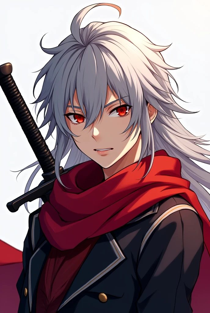 Silver hair Anime man with a red scarf, black sword in his back, red eyes, no glasses, 2