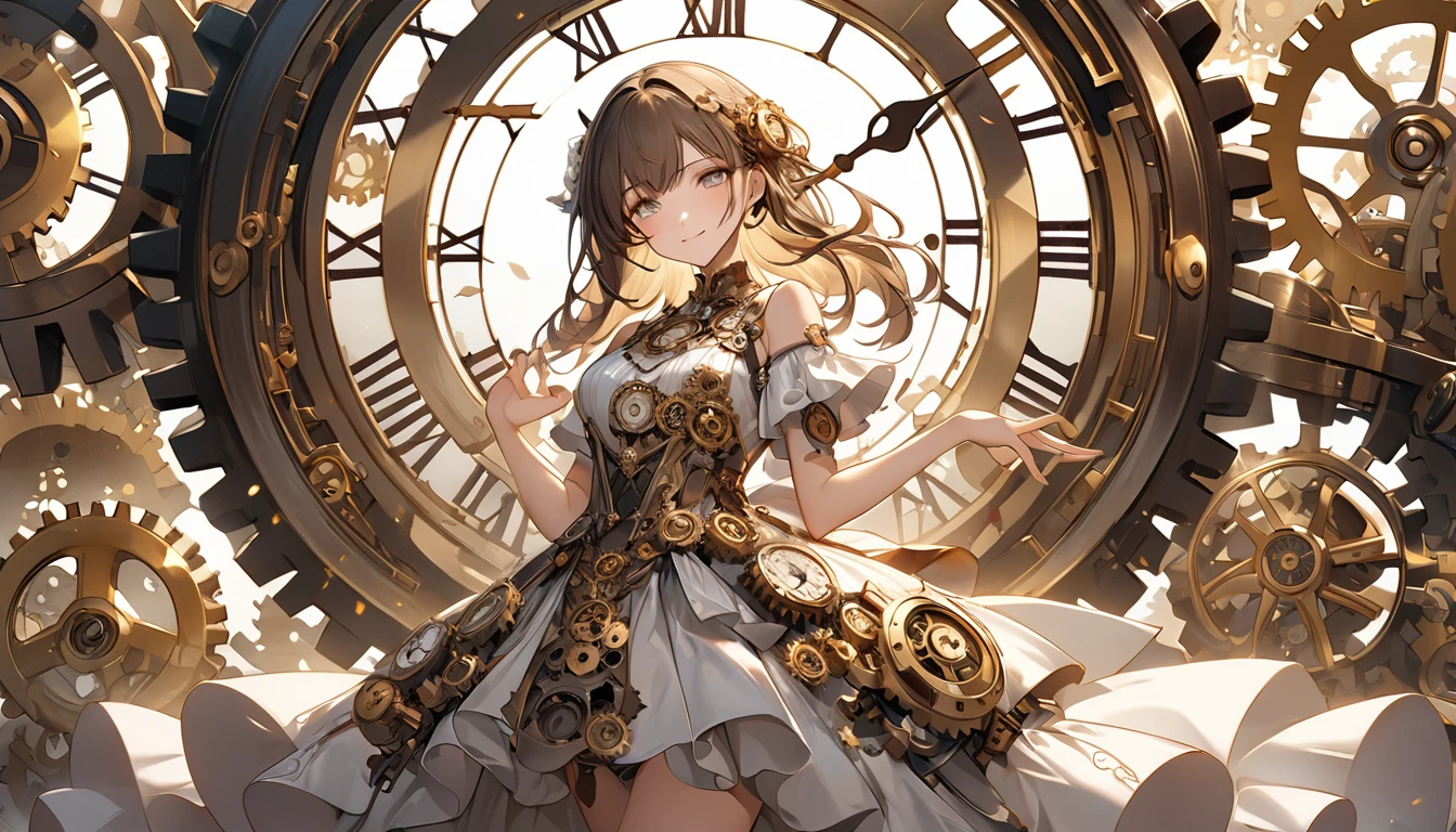 **340. One person。Clock personification。The clock symbolizes the passage of time。Cowboy shot or close-up。  
masterpiece, best quality, ultra detailed (Detailed fingers), (Emotional), (Breathtakingly beautiful),  
(main part: 1.2 Whole body。), (Anime Style), (Very detailed), (Personification of clock),  
(超High resolution, High resolution), (8k), (High resolution: 1.2), (Complex and beautiful: 1.2)**
- background: The gears of a large clock are moving、Complex machine room scene。
- Personification: Young woman, around 1、Wearing a dress with a clock mechanism motif。
-pose: Touching the gears、Time-controlling appearance。
-expression: A calm and gentle smile、Feeling the weight of time。
- Effects: The gears turn、An effect that visually represents the flow of time。
-color: bronze and gold、A color that symbolizes the passage of time and mechanical sophistication。
